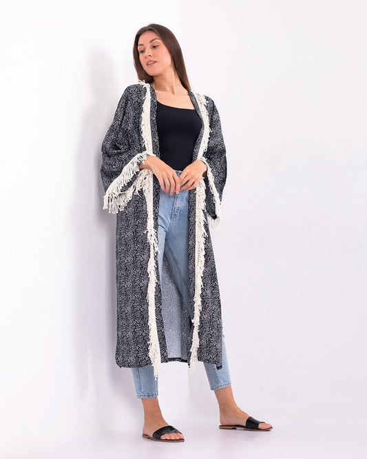Fringed Print Longline Kimono