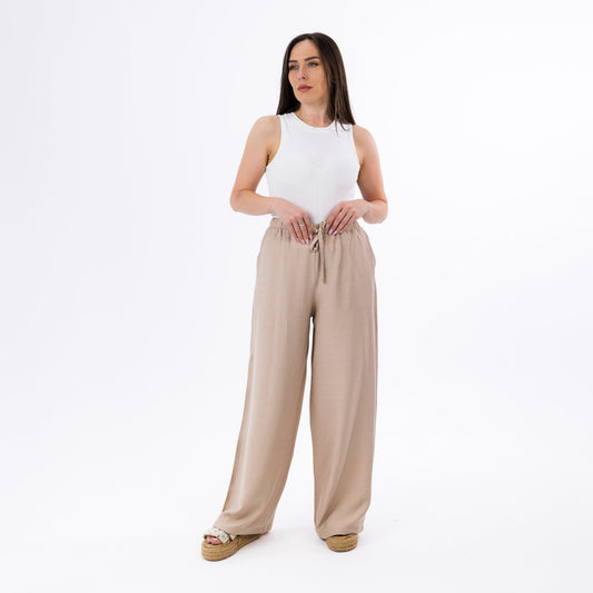 Beige Soft Flow Wide-Leg High Waist Palazzo Pants