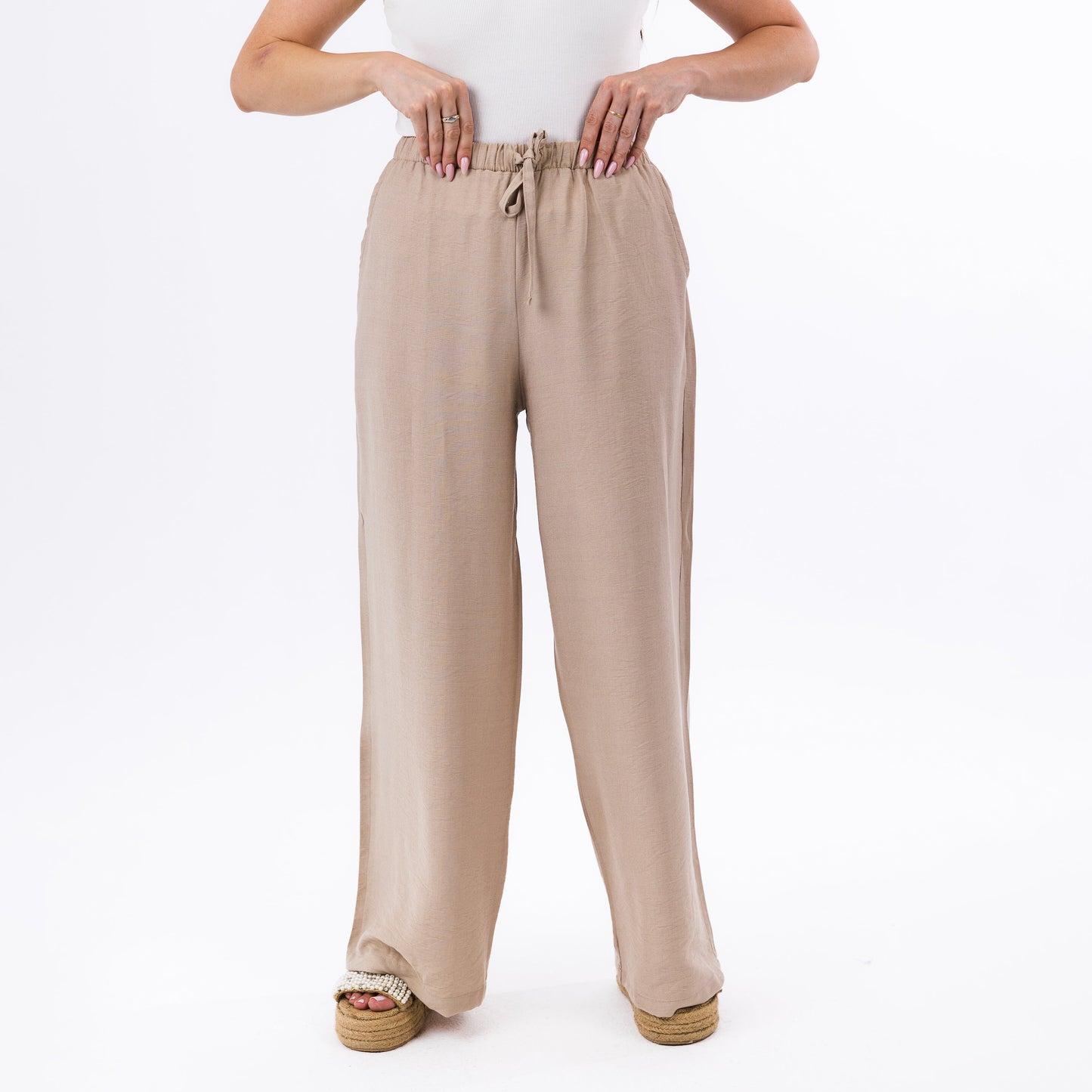 Beige Soft Flow Wide-Leg High Waist Palazzo Pants