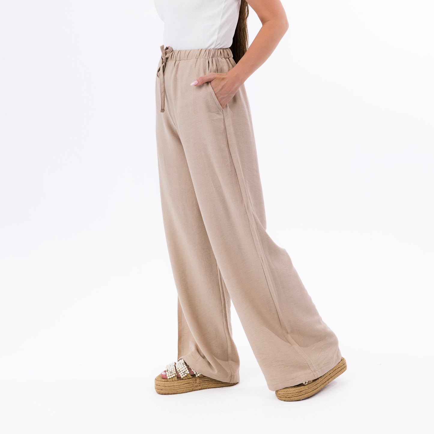 Beige Soft Flow Wide-Leg High Waist Palazzo Pants