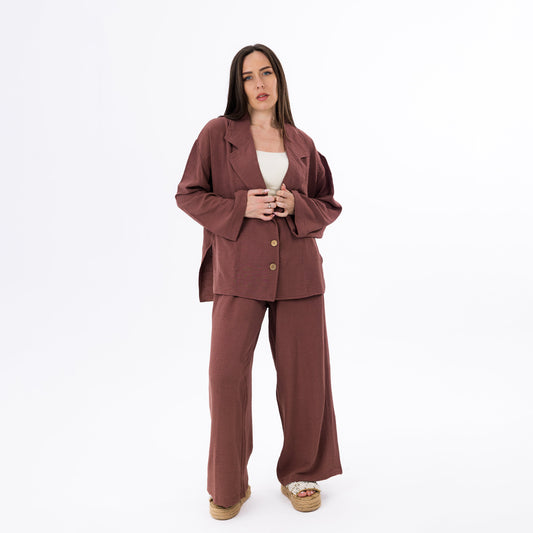 Brown Relaxed Tailored Two-Piece Linen Suit Set