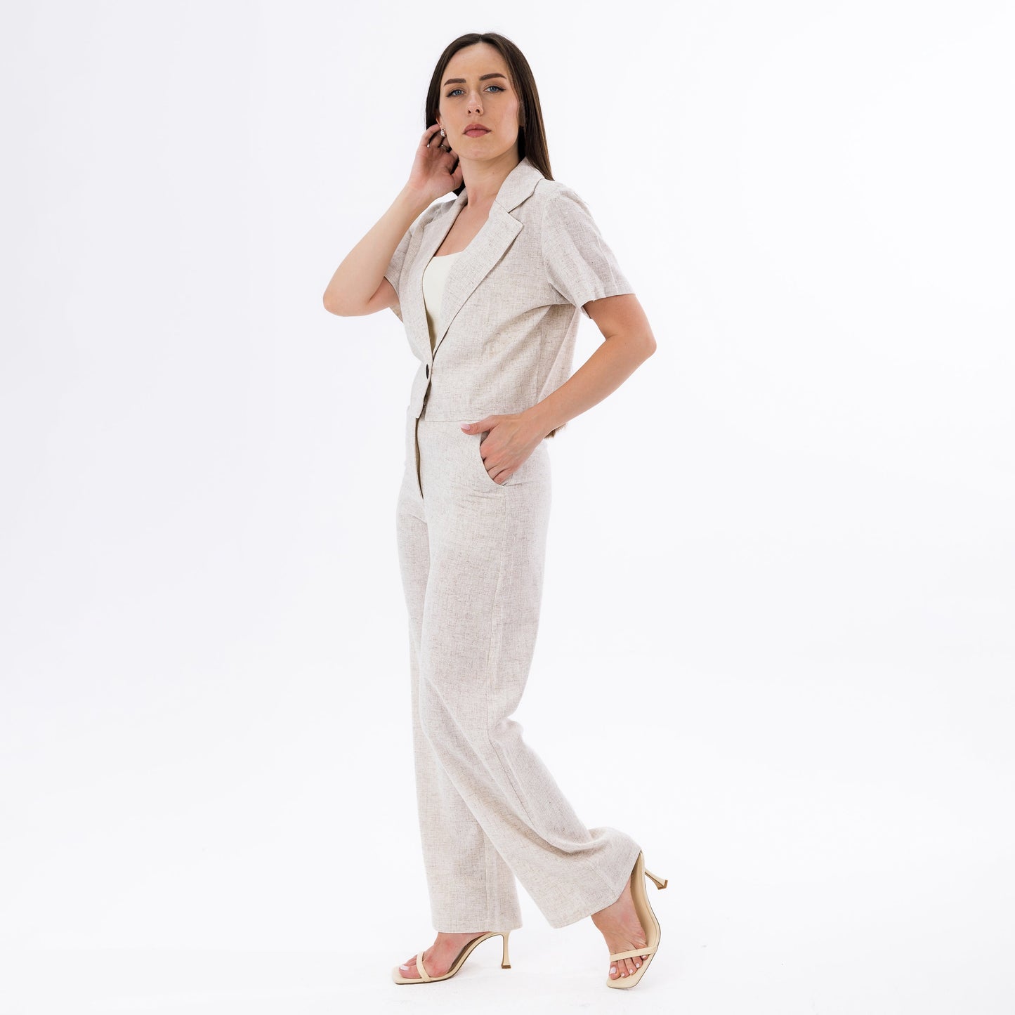 Beige Elegant Two-Piece Tailored Power Suit Set