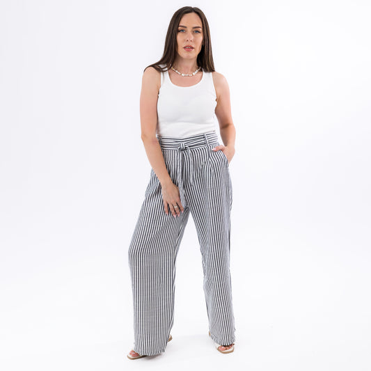 Grey & White Striped Wide-Leg Lounge Summer Pants
